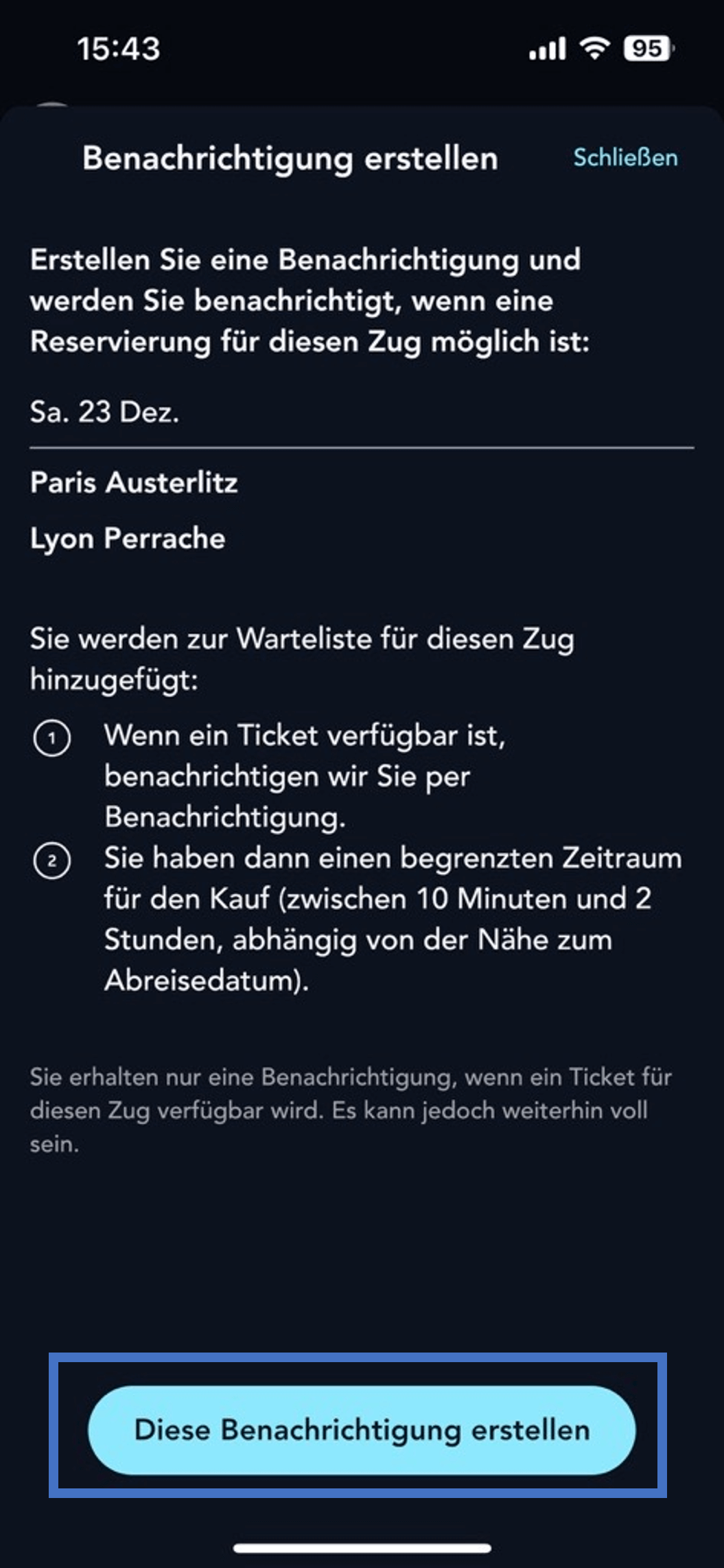 Bildschirm der Seite zum Erstellen einer vollständigen Zugwarnung in der SNCF Connect-Anwendung