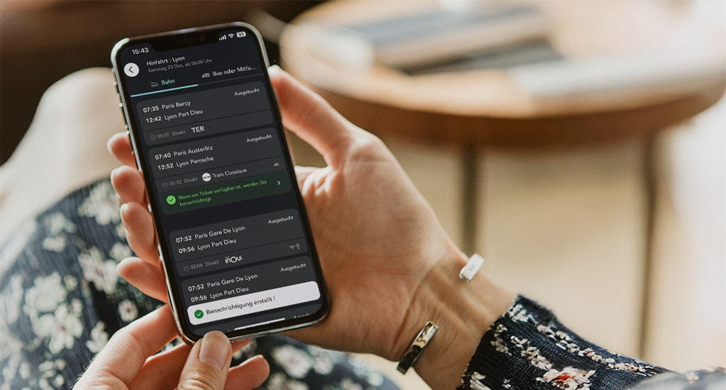 Bildschirm, der die Aktivierung der Zugvollmeldung in der SNCF Connect-App illustriert.